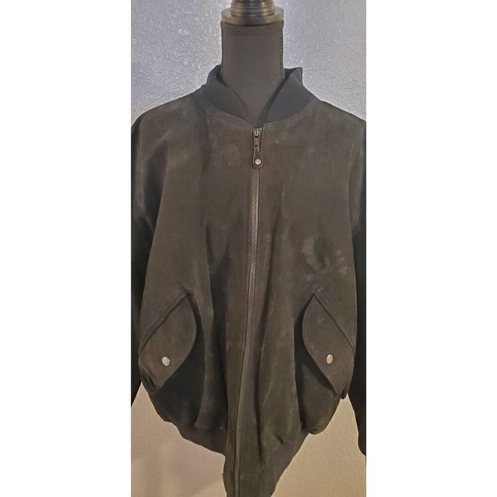 Vintage Foxrun Bomber Suede Jacket front pockets snap buttons in Black Size Larg - Picture 5 of 11
